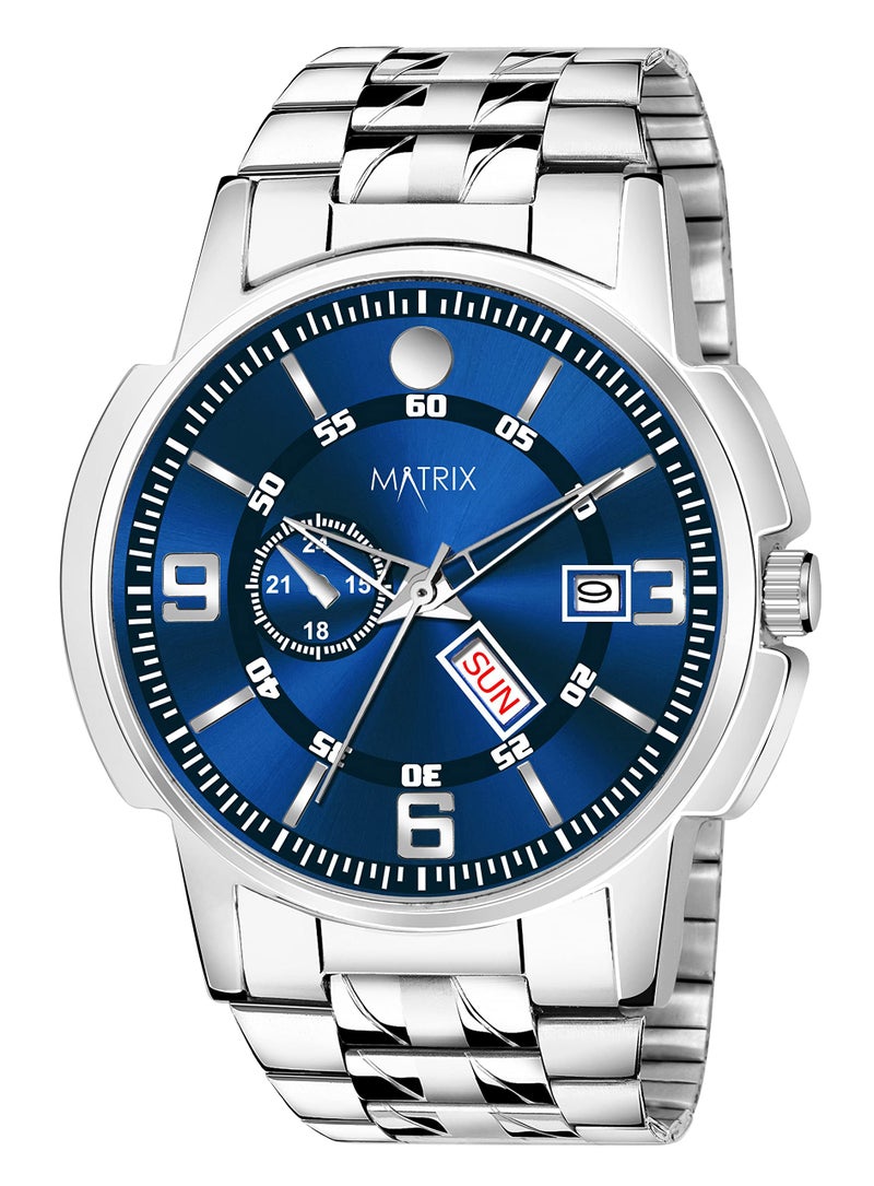Matrix Black, Blue, White Dial, Day & Date Functioning, Stainless Steel Strap Analog Watch for Men & Women (Blue) - Image 1
