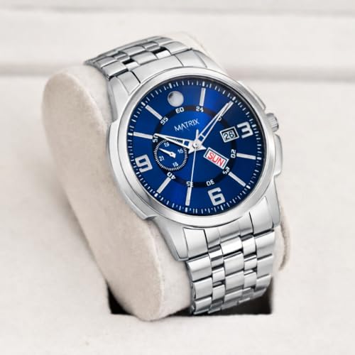 Matrix Black, Blue, White Dial, Day & Date Functioning, Stainless Steel Strap Analog Watch for Men & Women (Blue) - Image 2