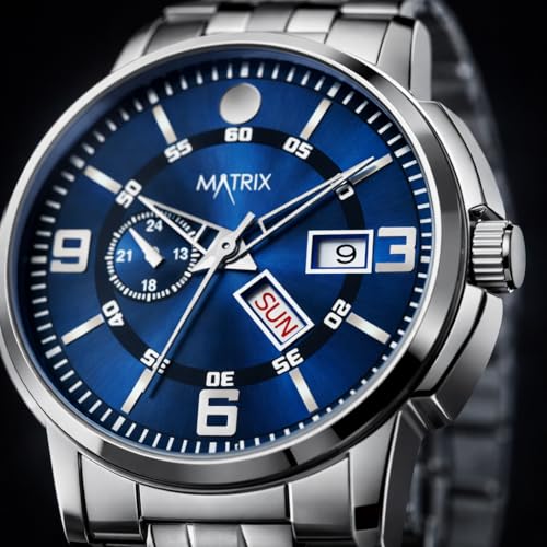 Matrix Black, Blue, White Dial, Day & Date Functioning, Stainless Steel Strap Analog Watch for Men & Women (Blue) - Image 4