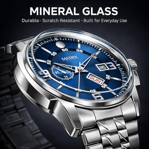 Matrix Black, Blue, White Dial, Day & Date Functioning, Stainless Steel Strap Analog Watch for Men & Women (Blue) - Image 3