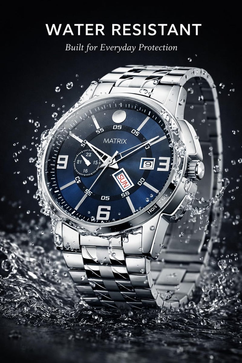 Matrix Black, Blue, White Dial, Day & Date Functioning, Stainless Steel Strap Analog Watch for Men & Women (Blue) - Image 5