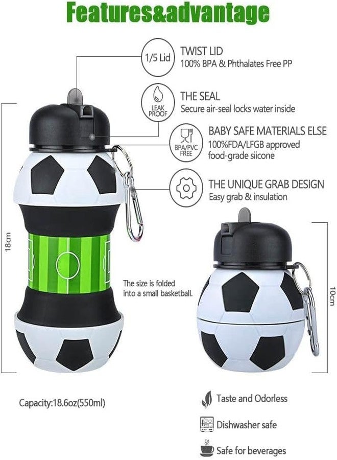 Koochie-Koo Football Design Silicone Collapsible Water Bottles, Portable Sports Bottle with Carabiner Clip, Leak Proof, BPA Free, Sipper Cup with Sippy Straw, 3+ Years, 550 ml (Pack of 1, White) - Image 3