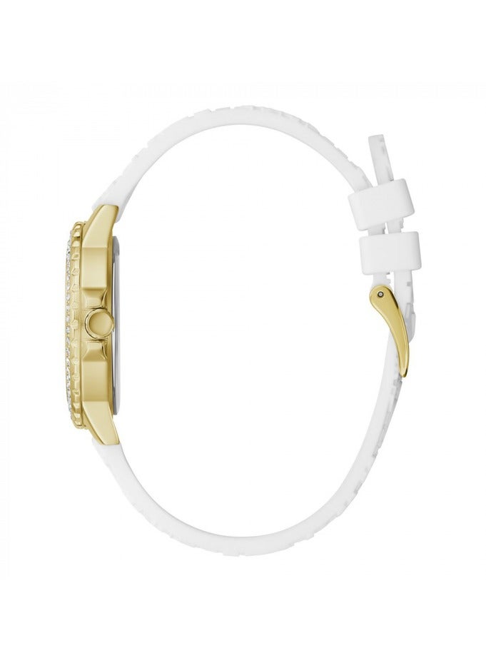 GUESS ساعة GUESS النسائية المصنوعة من الفولاذ المقاوم للصدأ وحزام السيليكون باللون الأبيض مقاس 16 (الموديل: GW0411L1) - Image 4