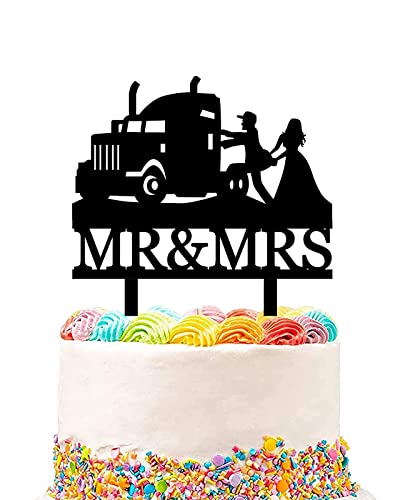 Yuezoloz Heavy Truck Wedding Cake Topper,Funny Mr And Mrs Cake Topper,Bride and Groom with Heavy Truck Cake Decor for Wedding/Anniversary/Bridal Shower Party Decor(Black Acrylic) - Image 1
