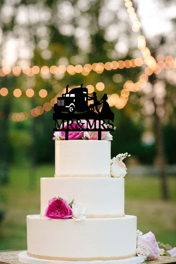Yuezoloz Heavy Truck Wedding Cake Topper,Funny Mr And Mrs Cake Topper,Bride and Groom with Heavy Truck Cake Decor for Wedding/Anniversary/Bridal Shower Party Decor(Black Acrylic) - Image 3