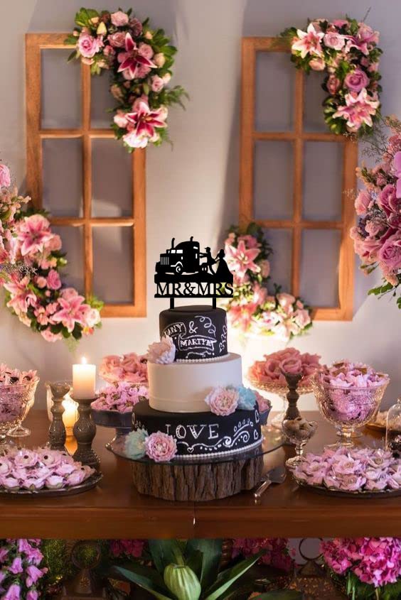 Yuezoloz Heavy Truck Wedding Cake Topper,Funny Mr And Mrs Cake Topper,Bride and Groom with Heavy Truck Cake Decor for Wedding/Anniversary/Bridal Shower Party Decor(Black Acrylic) - Image 2