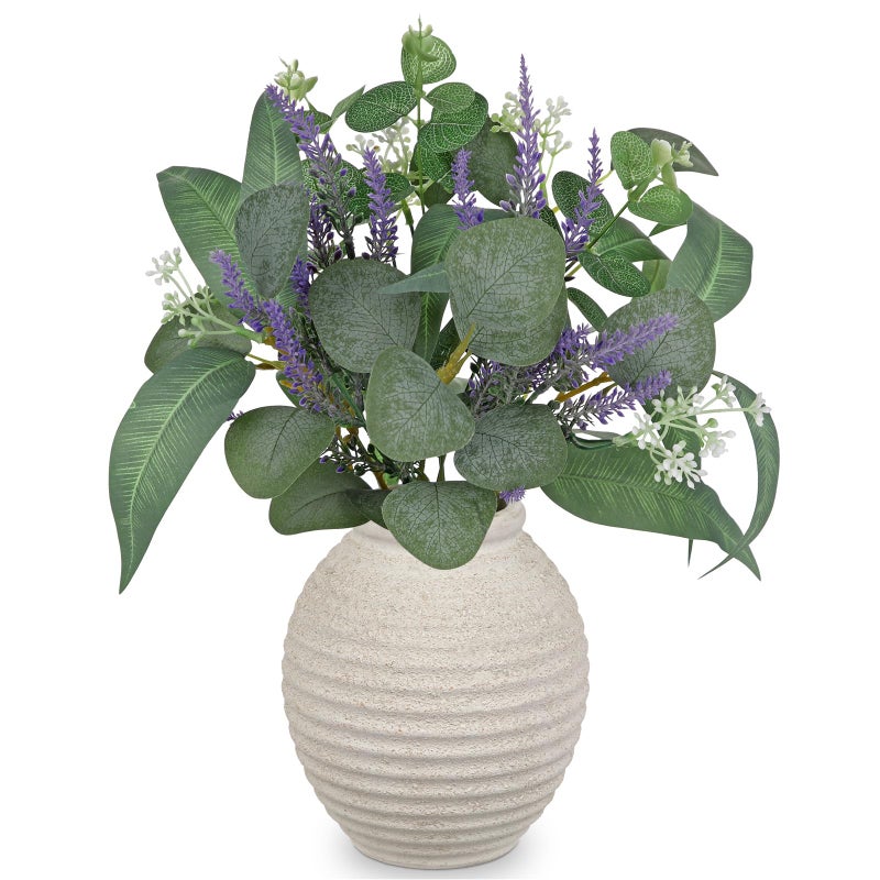 Briful Artificial Floral Arrangement Centerpiece with Eucalyptus & Mixed Greenery â€“ 14.5â€ Pre-Arranged Faux Flowers in Textured Black & White Ceramic Vase for Table, Shelf & Entryway DÃ©cor - Image 1