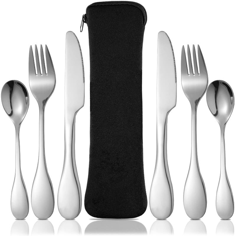 7 Pieces Eating Portion Control Flatware Bariatric Management Silverware Serving Spoons Forks Knives Stainless Steel Weight Loss Utensils with Fabric Storage Bag