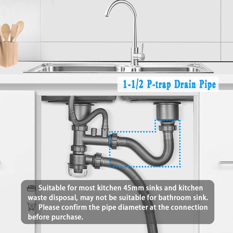 Cinsda Flexible Sink Drain Pipe, 1-1/2 P-trap with Adapter, Expandable Tubular Drain Tubing Pipe, Adjustable P Trap for Kitchen Sink Drain & Garbage Disposal - Image 2
