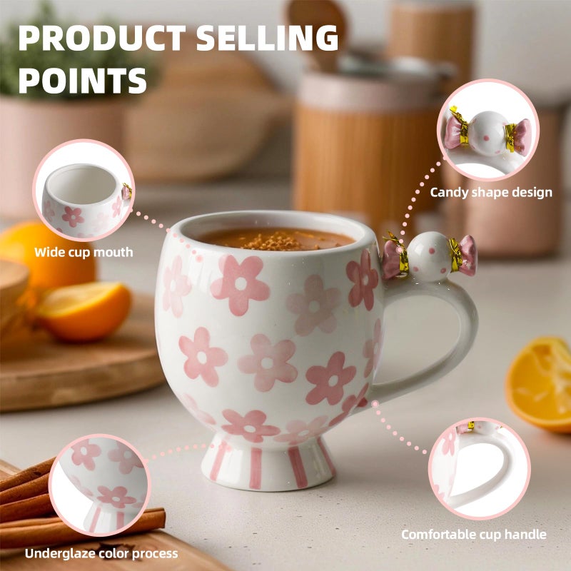 DIF DECO Ceramic Mug Cute Candy Shape, Unique Holiday Mug with Handle Hot Cocoa Cup Perfect for Tea & Coffee Lovers, Gifts for Family Friends or Children 12 OZ (Pink Flowers) - Image 3