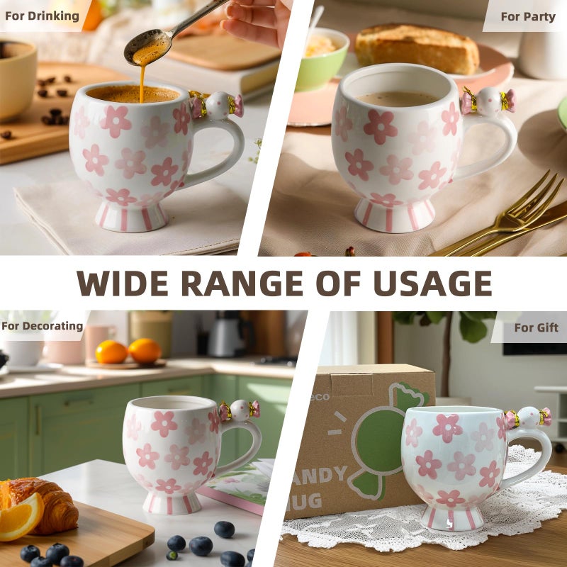 DIF DECO Ceramic Mug Cute Candy Shape, Unique Holiday Mug with Handle Hot Cocoa Cup Perfect for Tea & Coffee Lovers, Gifts for Family Friends or Children 12 OZ (Pink Flowers) - Image 4