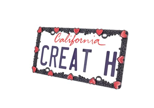 Creathome 3D Daisy Heart License Plate Frame from Pure Zinc Alloy Metal Perfect Plate Holder, Matt Black Daisy with Red Reflective Heart - Image 2