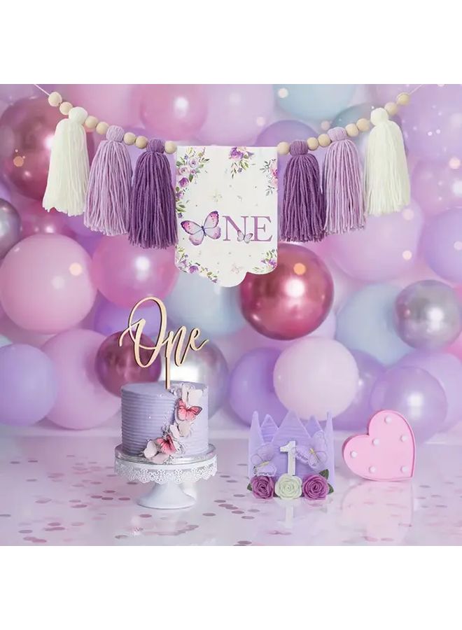 Purple Butterfly Tassel Highchair Banner Cake Topper And Birthday Hat Party Decorations - Image 5