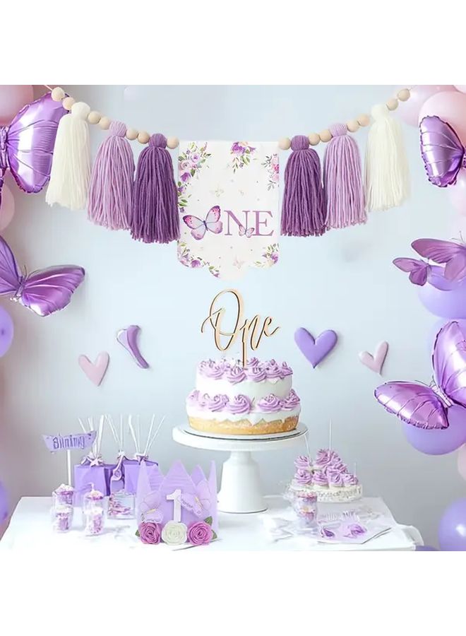 Purple Butterfly Tassel Highchair Banner Cake Topper And Birthday Hat Party Decorations - Image 4