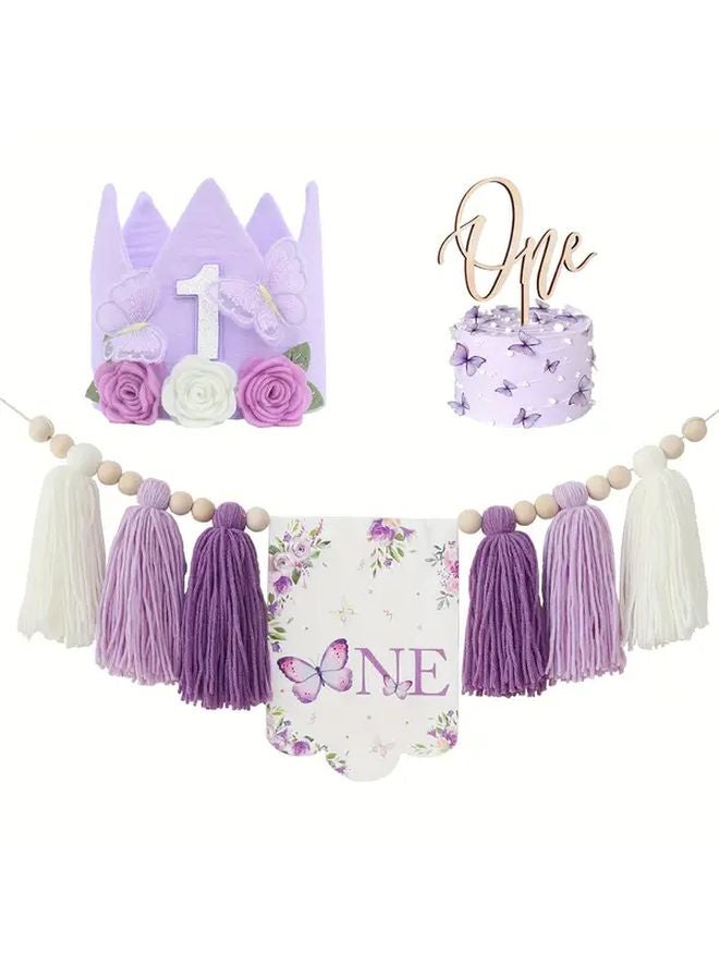 Purple Butterfly Tassel Highchair Banner Cake Topper And Birthday Hat Party Decorations - Image 1
