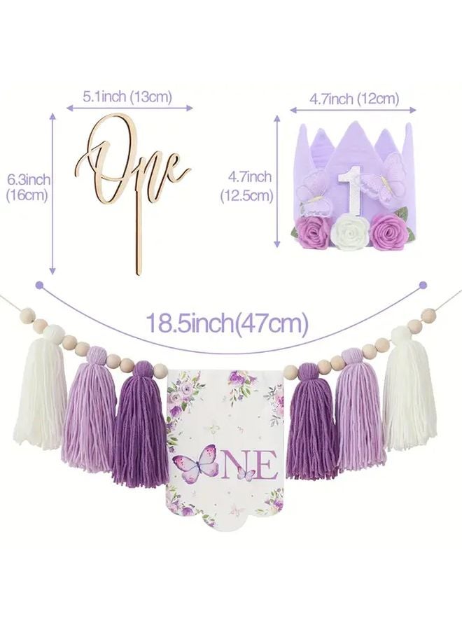 Purple Butterfly Tassel Highchair Banner Cake Topper And Birthday Hat Party Decorations - Image 2