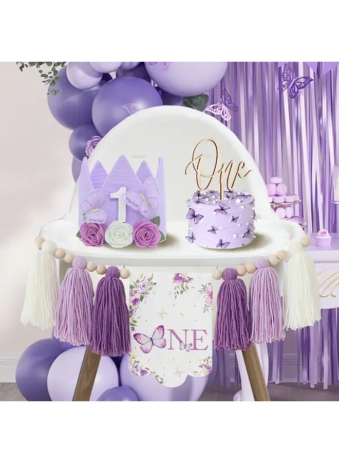 Purple Butterfly Tassel Highchair Banner Cake Topper And Birthday Hat Party Decorations - Image 3