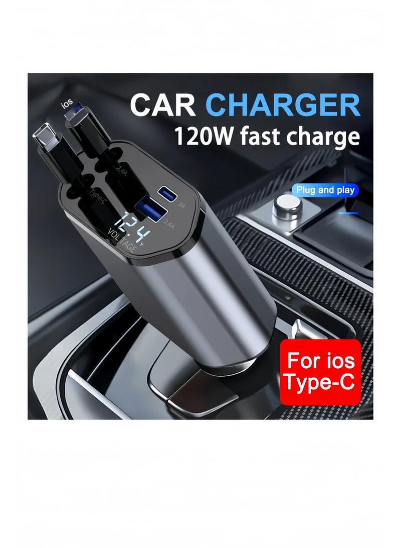Lee Yon Car Charger - Fast Charging 4-in-1 Adapter with Collapsible Lightning & Type C Cables, Dual USB Ports & Voltage Display - Compatible with iPhone, iPad, Galaxy -Powerfull Output (Grey, Black) - Image 1