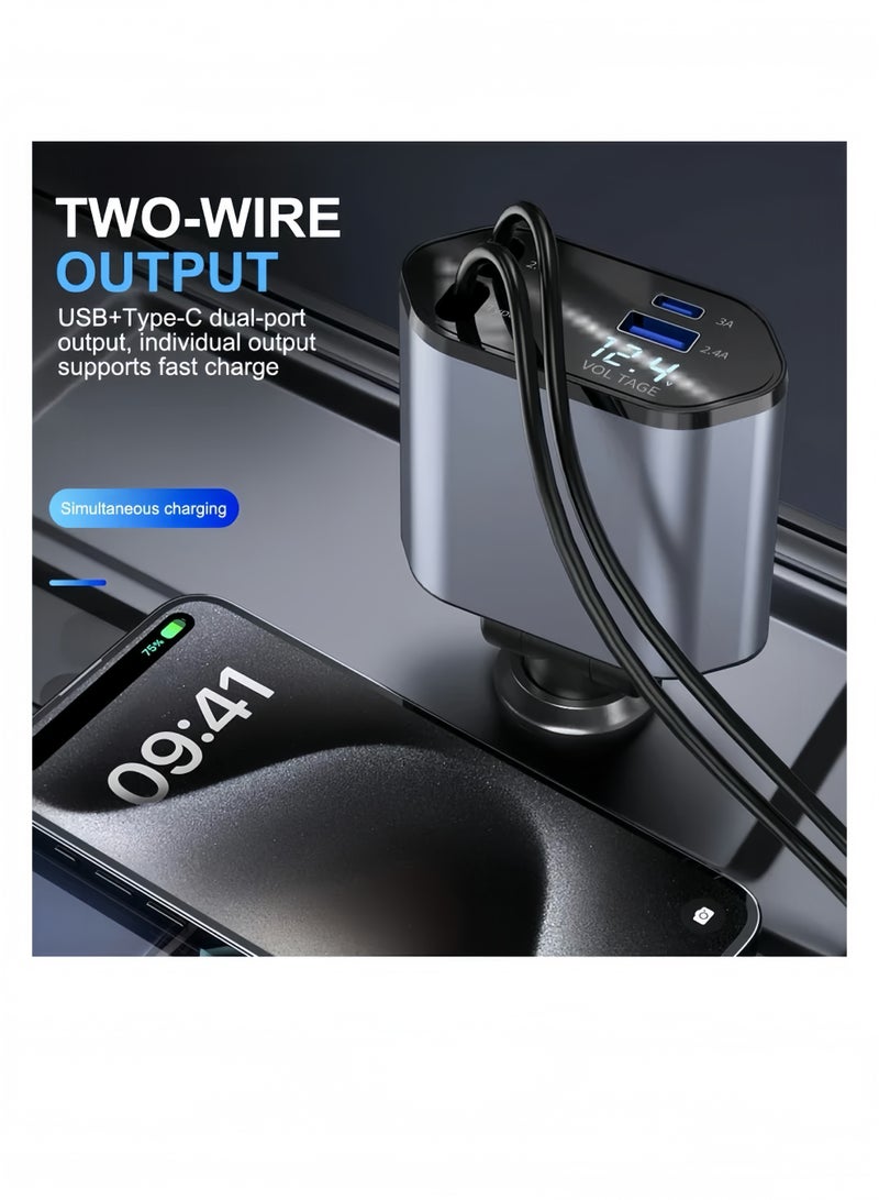 Lee Yon Car Charger - Fast Charging 4-in-1 Adapter with Collapsible Lightning & Type C Cables, Dual USB Ports & Voltage Display - Compatible with iPhone, iPad, Galaxy -Powerfull Output (Grey, Black) - Image 4