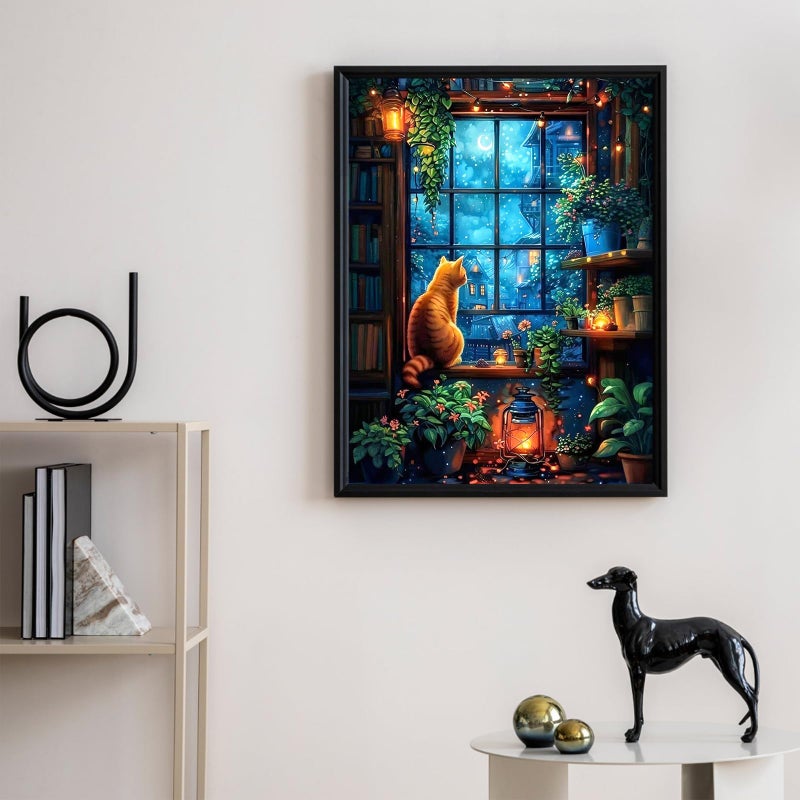 Camocin Diamond Art Kits for Adults Cat, 5D Window Landscape Diamond Painting Kits for Adults Beginners, DIY Potted Plant Full Round Dots Drill Gem Art Kit for Gift Home Wall Decor 12 x 16 Inch - Image 2