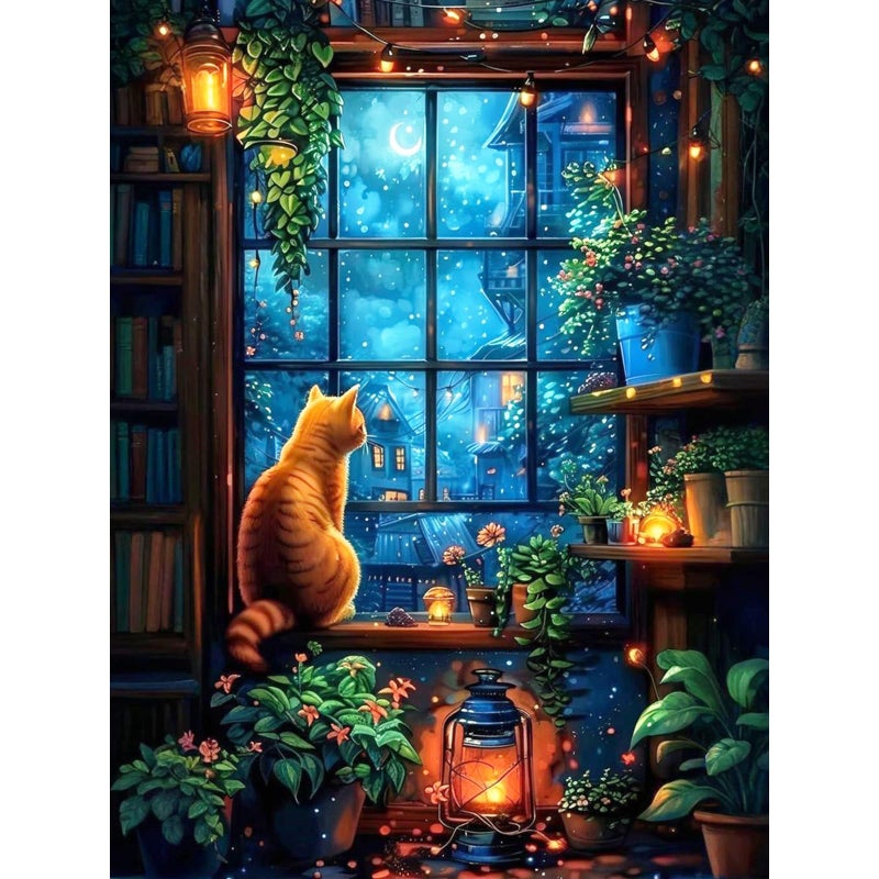 Camocin Diamond Art Kits for Adults Cat, 5D Window Landscape Diamond Painting Kits for Adults Beginners, DIY Potted Plant Full Round Dots Drill Gem Art Kit for Gift Home Wall Decor 12 x 16 Inch - Image 1