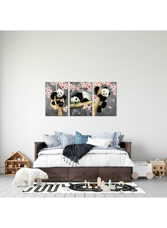 Home Trove Animal Canvas Wall Art Modern Animals Painting Pandas Playing On Trees Branches Wall Decal Stretched And Framed Artwork For Kids Bedroom Living Room Decor 16X24Inchesx3Pcs  - Image 4