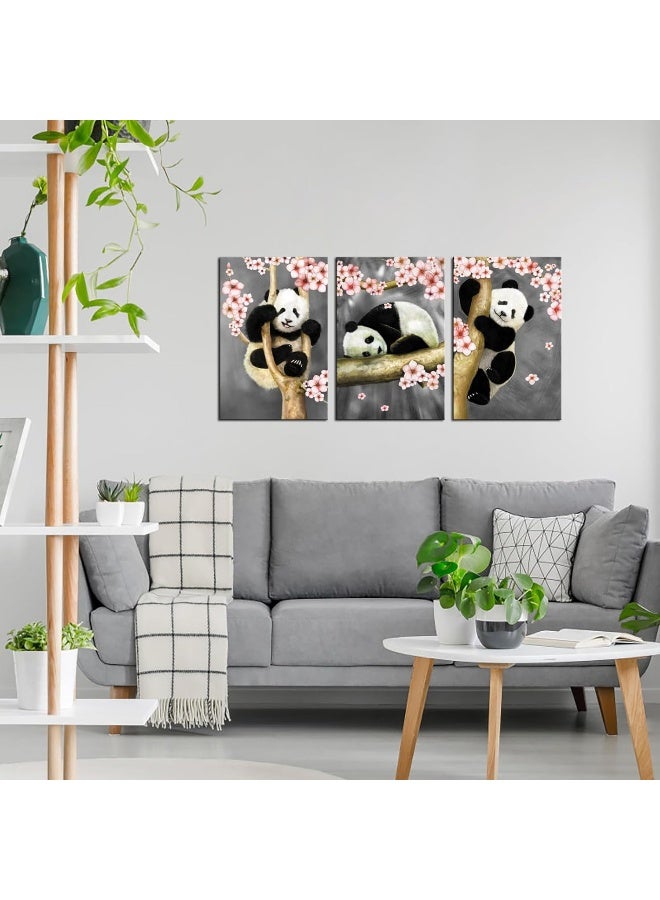 Home Trove Animal Canvas Wall Art Modern Animals Painting Pandas Playing On Trees Branches Wall Decal Stretched And Framed Artwork For Kids Bedroom Living Room Decor 16X24Inchesx3Pcs  - Image 3