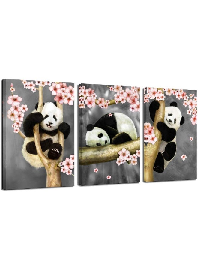 Home Trove Animal Canvas Wall Art Modern Animals Painting Pandas Playing On Trees Branches Wall Decal Stretched And Framed Artwork For Kids Bedroom Living Room Decor 16X24Inchesx3Pcs  - Image 1