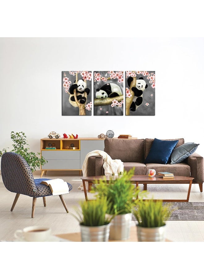 Home Trove Animal Canvas Wall Art Modern Animals Painting Pandas Playing On Trees Branches Wall Decal Stretched And Framed Artwork For Kids Bedroom Living Room Decor 16X24Inchesx3Pcs  - Image 2