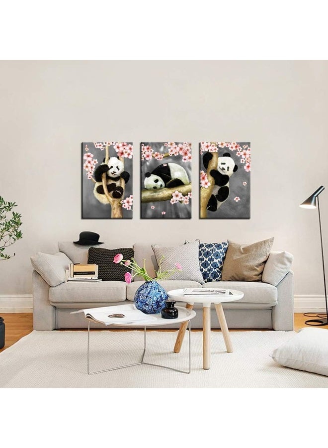 Home Trove Animal Canvas Wall Art Modern Animals Painting Pandas Playing On Trees Branches Wall Decal Stretched And Framed Artwork For Kids Bedroom Living Room Decor 16X24Inchesx3Pcs  - Image 5