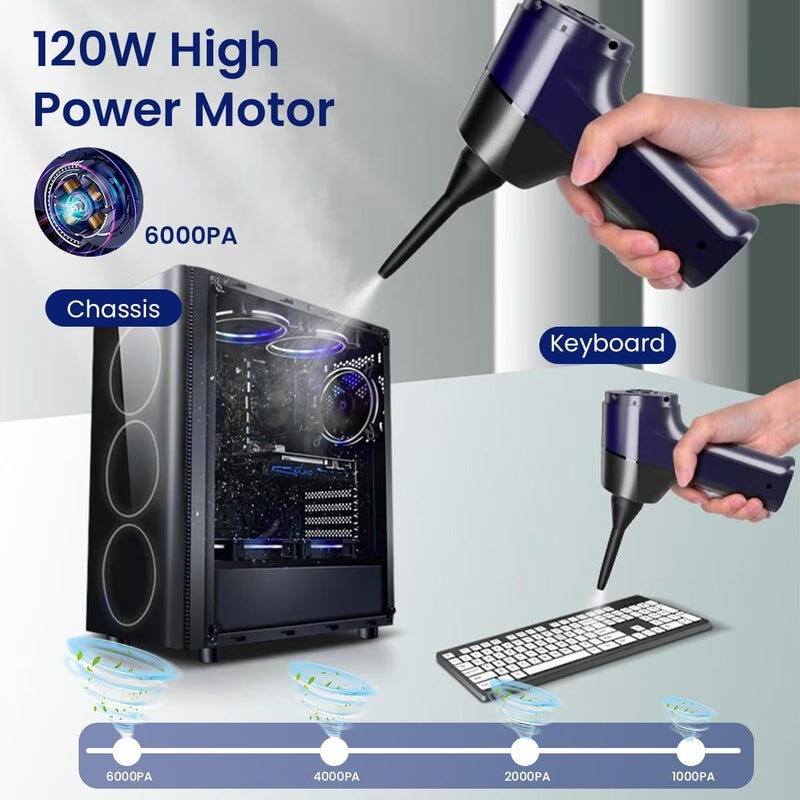 ELEPHANTBOAT ® Electric Compressed Air Duster,6000PA Handheld Cordless Air Duster,3 in 1 120W Cordless Car Vacuum Cleaner Keyboard Blower with Multi-Nozzles Dust Cleaner for Home Computer Keyboard Car - Image 3