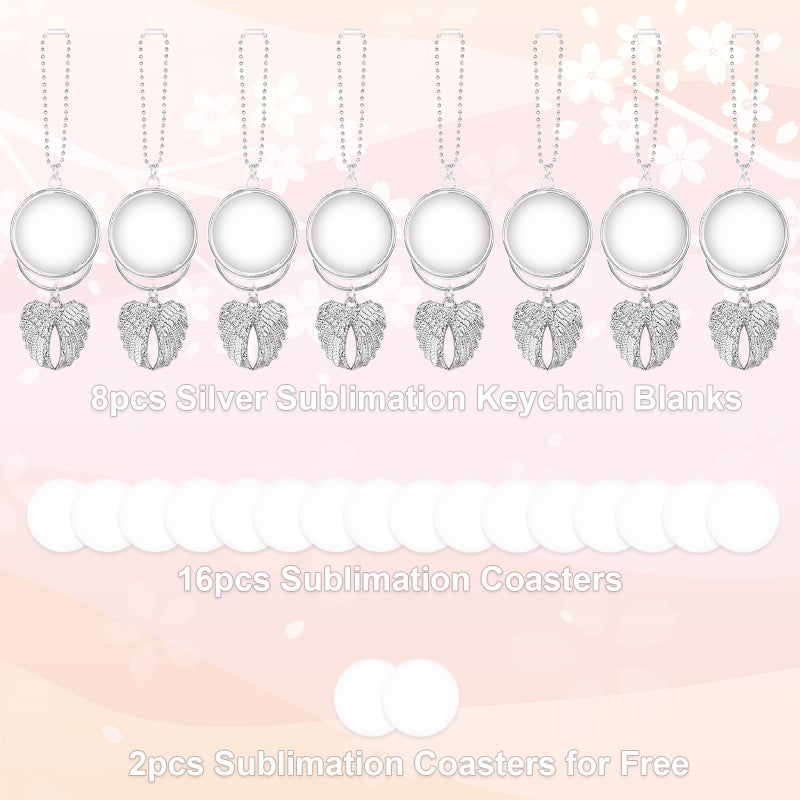 8 Pcs Heat Sublimation Car Keychain Ornament Decorations, Angel Wing Shape Blank Hot Transfer Printing Pendant Jewelry Making（8Silver+2 heat transfer aluminum sheet） - Image 1