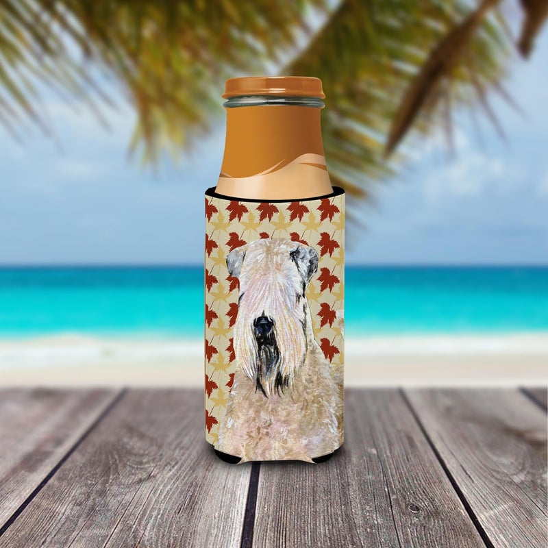 Caroline's Treasures Caroline's Treasures SS4363MUK Wheaten Terrier Soft Coated Fall Leaves Portrait Ultra Hugger for Slim cans Can Cooler Sleeve Hugger Machine Washable Drink Sleeve Hugger Collapsible Insulator Beverage - Image 2