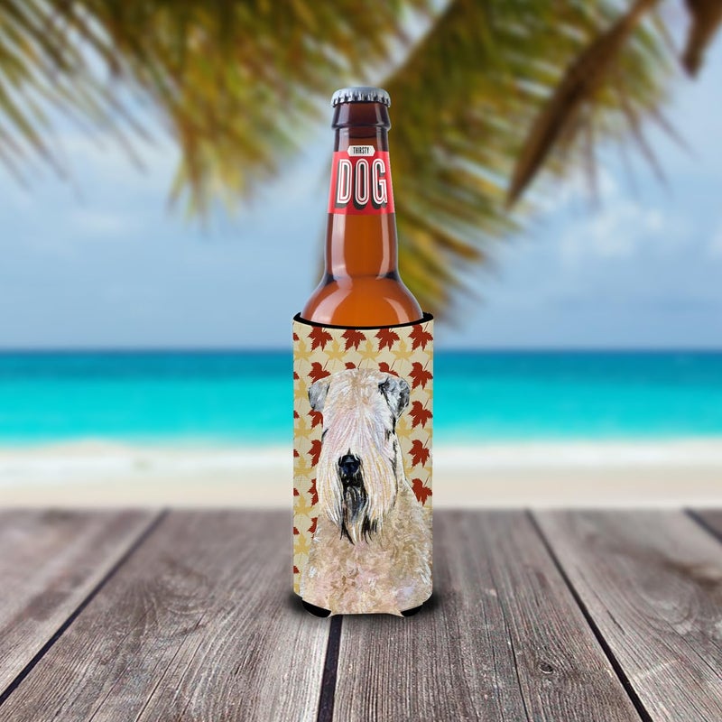 Caroline's Treasures Caroline's Treasures SS4363MUK Wheaten Terrier Soft Coated Fall Leaves Portrait Ultra Hugger for Slim cans Can Cooler Sleeve Hugger Machine Washable Drink Sleeve Hugger Collapsible Insulator Beverage - Image 1