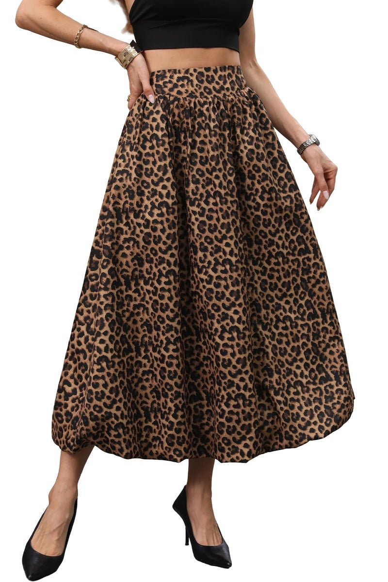 ELLEVEN Womens Bubble Maxi Long Skirt with Pockets Flowy Puffy Hem Elastic Waist Casual Lightweight Balloon Skirt Y2k Elegant Ruffle A-Line Classic Skirt Spring Summer 2026 Leopard Print Large - Image 1