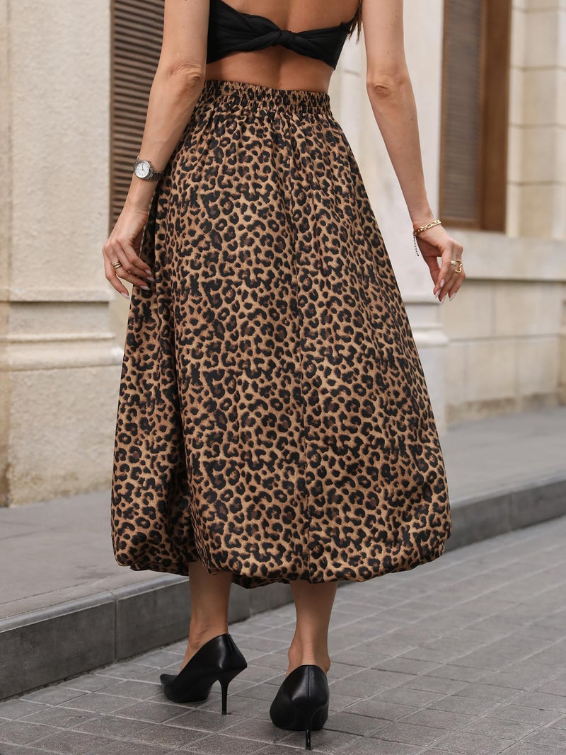 ELLEVEN Womens Bubble Maxi Long Skirt with Pockets Flowy Puffy Hem Elastic Waist Casual Lightweight Balloon Skirt Y2k Elegant Ruffle A-Line Classic Skirt Spring Summer 2026 Leopard Print Large - Image 3