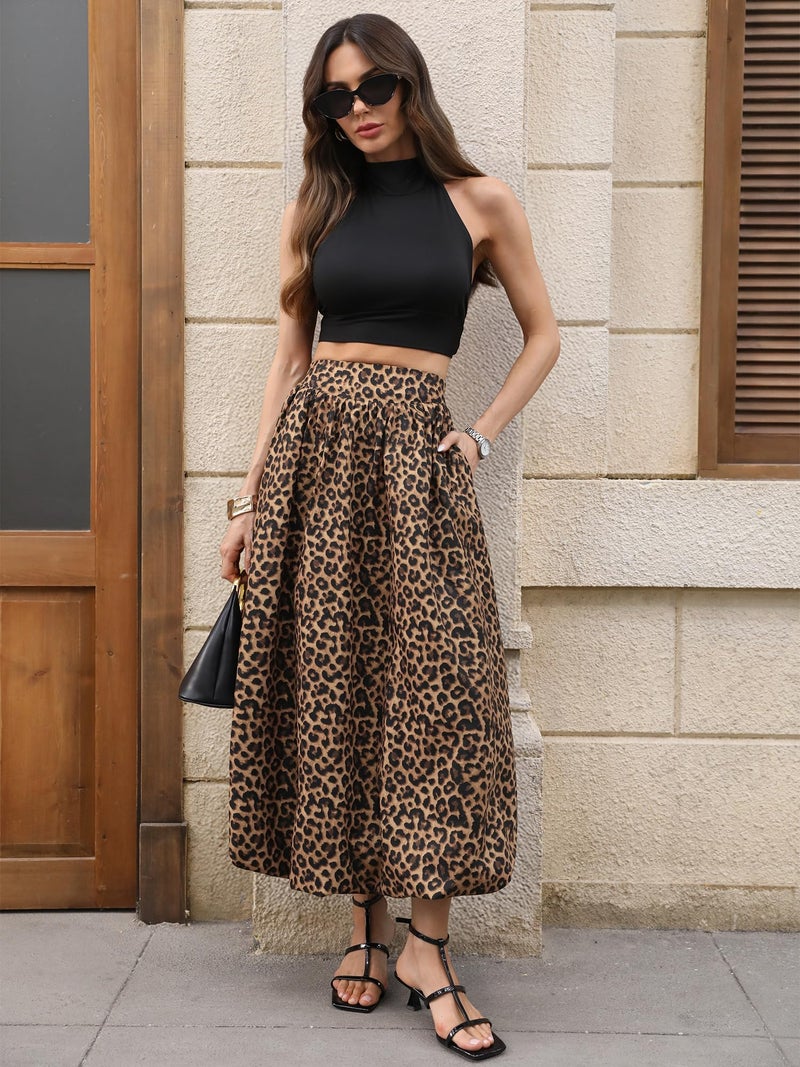 ELLEVEN Womens Bubble Maxi Long Skirt with Pockets Flowy Puffy Hem Elastic Waist Casual Lightweight Balloon Skirt Y2k Elegant Ruffle A-Line Classic Skirt Spring Summer 2026 Leopard Print Large - Image 4