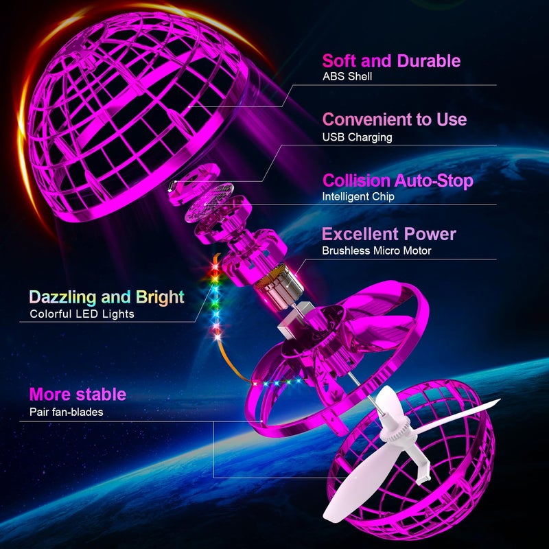 Ivtivfu Flying Orb Ball (وردي 2025 مطور) مع أضواء مبهرة ماجيك هوفر سبينر بوميرانج بدون طيار عائمة كونية غلوب للأطفال ألعاب خارجية لعمر 6 7 8 9 10 سنوات للأولاد والبنات - Image 2