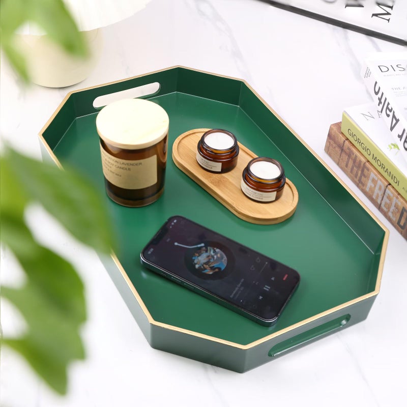Omuriko Green Decorative Tray with Handles, Versatile Serving Tray for Coffee Table, Ottoman, Ideal for Serving, Displaying, Organizing, 15.7"*10.2"*1.57" - Image 2