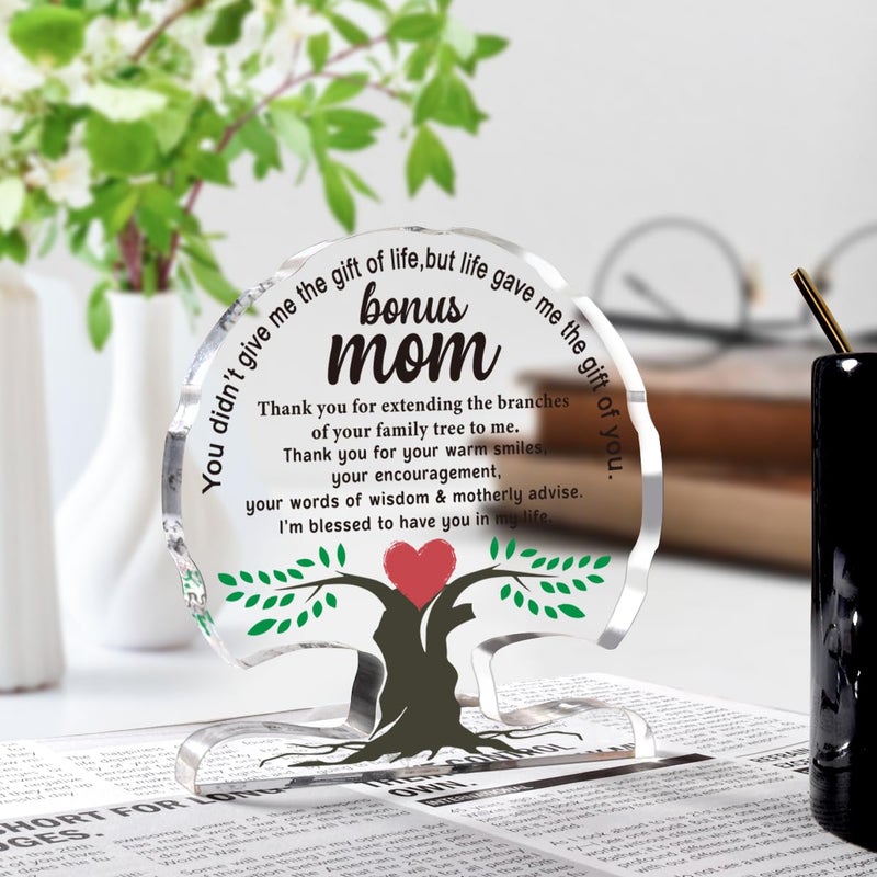 WELLBANEE Bonus Mom Birthday Gifts from Daughter Son  Mothers Day Gift for Step Mom  New Mom  Stepmother  Gifts for Mom Birthday Unique Thank You Mom Gifts Acrylic Tree Desk Signs Home Decor Plaque - Image 3