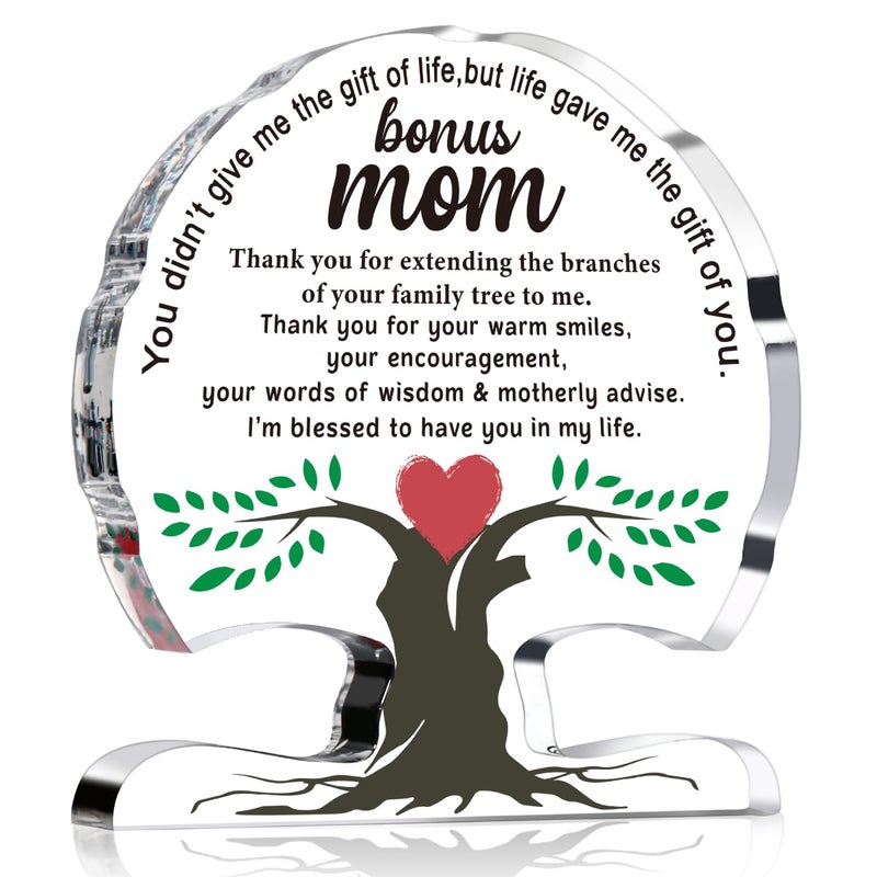 WELLBANEE Bonus Mom Birthday Gifts from Daughter Son  Mothers Day Gift for Step Mom  New Mom  Stepmother  Gifts for Mom Birthday Unique Thank You Mom Gifts Acrylic Tree Desk Signs Home Decor Plaque - Image 1