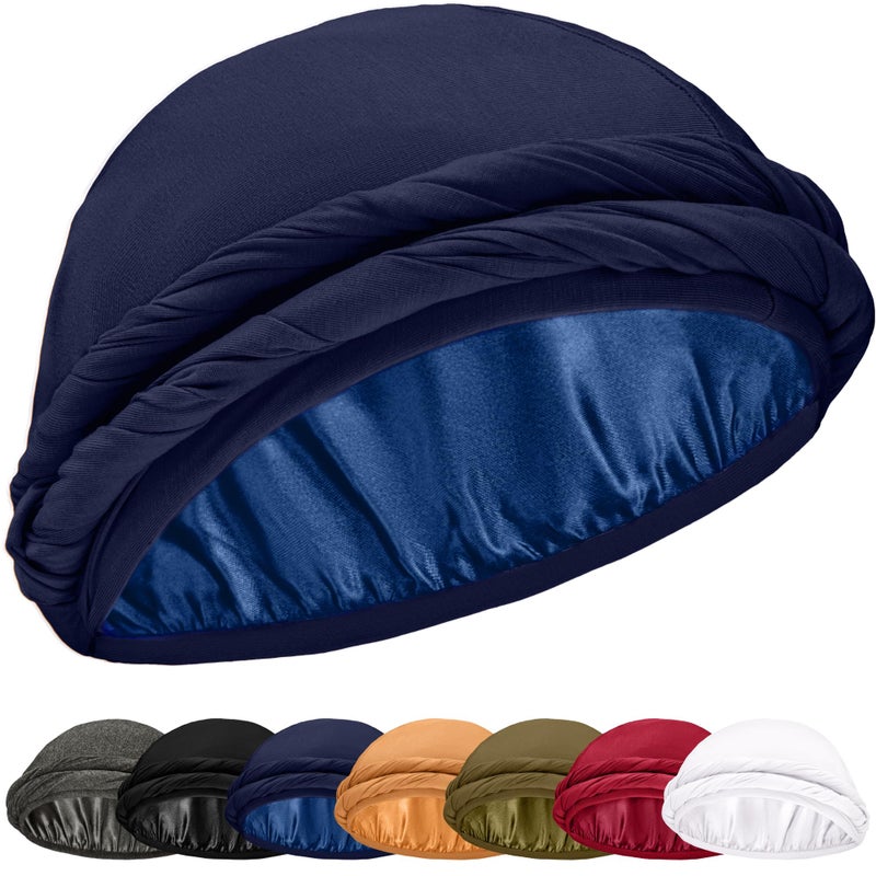 CAPLORD Turban Men Silk Turban Satin Lined Head Wrap Pre-Tied Skull Cap for Men and Women Sleeping Bonnet Halo Durag Hair Cover Sleep Cap Hat Navy - Image 1