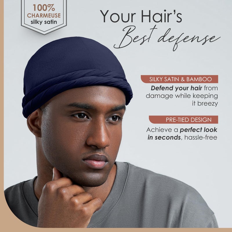 CAPLORD Turban Men Silk Turban Satin Lined Head Wrap Pre-Tied Skull Cap for Men and Women Sleeping Bonnet Halo Durag Hair Cover Sleep Cap Hat Navy - Image 2