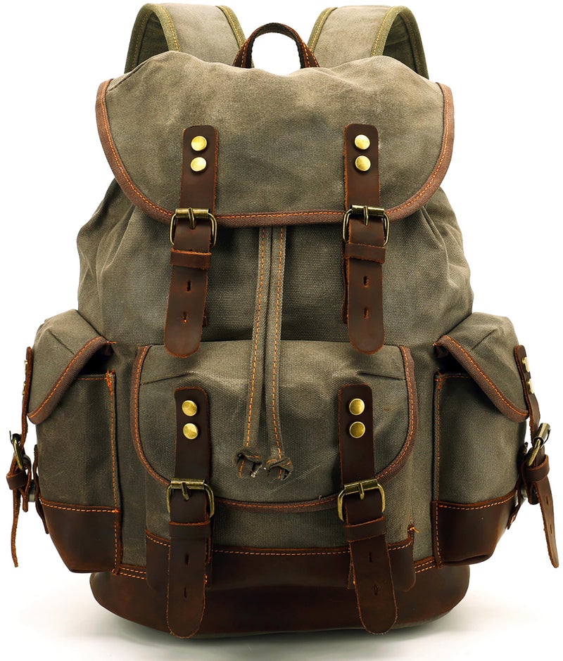 HuaChen Vintage Canvas Leather Backpack: Spacious Durable Rucksack for Men & Women, Perfect for Travel and College Life - M86 Army Green Coffee - Image 1
