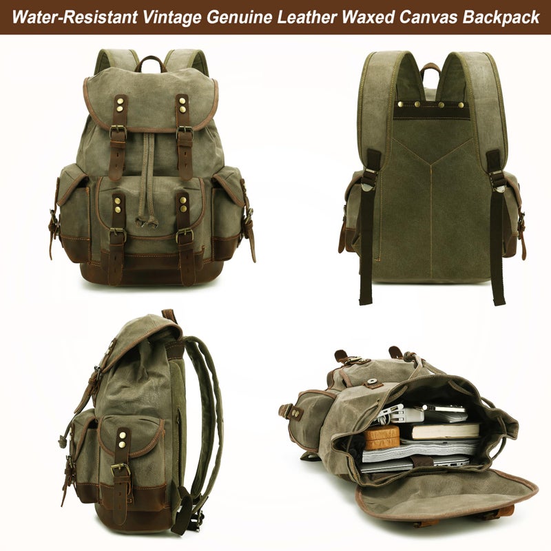 HuaChen Vintage Canvas Leather Backpack: Spacious Durable Rucksack for Men & Women, Perfect for Travel and College Life - M86 Army Green Coffee - Image 3