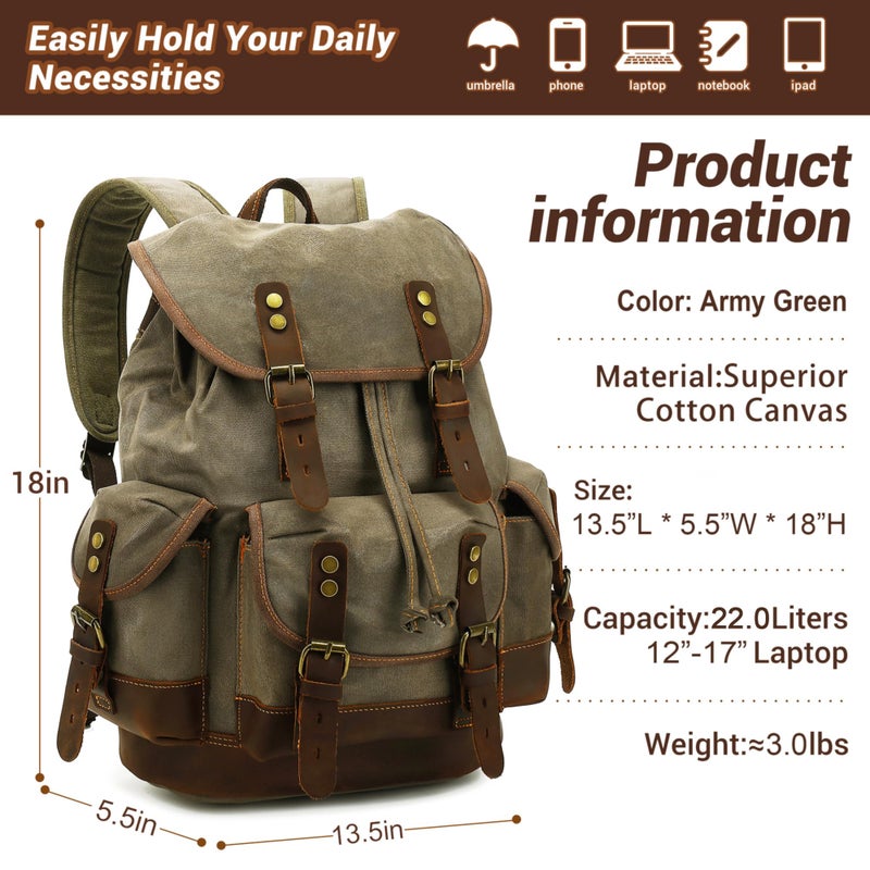 HuaChen Vintage Canvas Leather Backpack: Spacious Durable Rucksack for Men & Women, Perfect for Travel and College Life - M86 Army Green Coffee - Image 2
