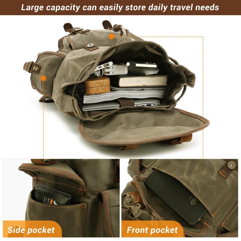 HuaChen Vintage Canvas Leather Backpack: Spacious Durable Rucksack for Men & Women, Perfect for Travel and College Life - M86 Army Green Coffee - Image 4