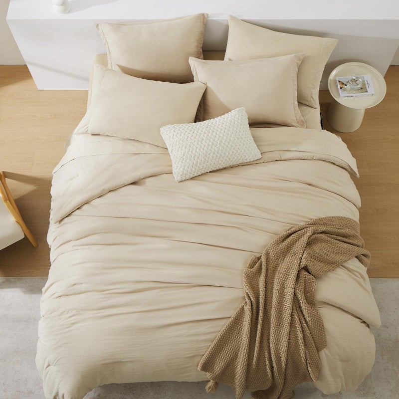 WRENSONGE King Size Comforter Set, 7 Pieces Beige Soft Bed in a Bag King with Fitted Sheet, Flat Sheet, 2 Pillow Shams, and 2 Pillowcases- Warm Bedding Set for All Season - Image 2