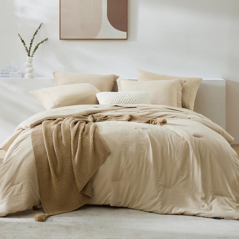 WRENSONGE King Size Comforter Set, 7 Pieces Beige Soft Bed in a Bag King with Fitted Sheet, Flat Sheet, 2 Pillow Shams, and 2 Pillowcases- Warm Bedding Set for All Season - Image 1