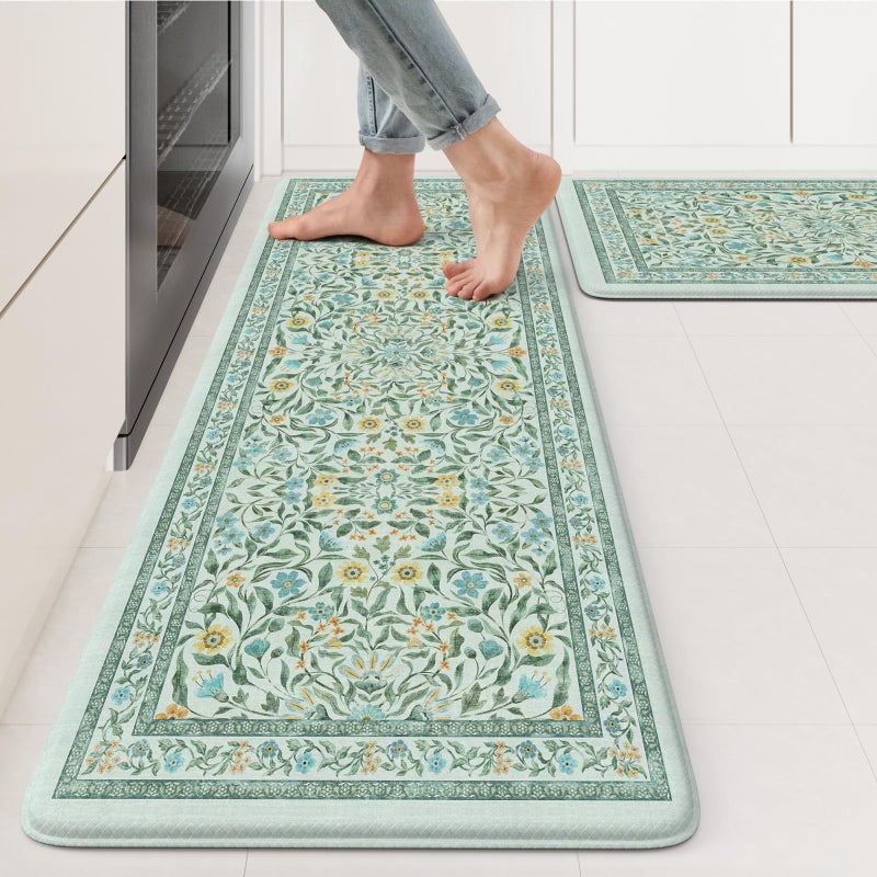 KIMODE Kitchen Mats for Floor Anti Fatigue, Kitchen Floor Mats 17.3"x29"+17.3"x47", Boho Floral Kitchen Rugs Sets of 2, Comfort Padded Rugs for Kitchen Floor Laundry Office Sink Desk Blue Green - Image 1